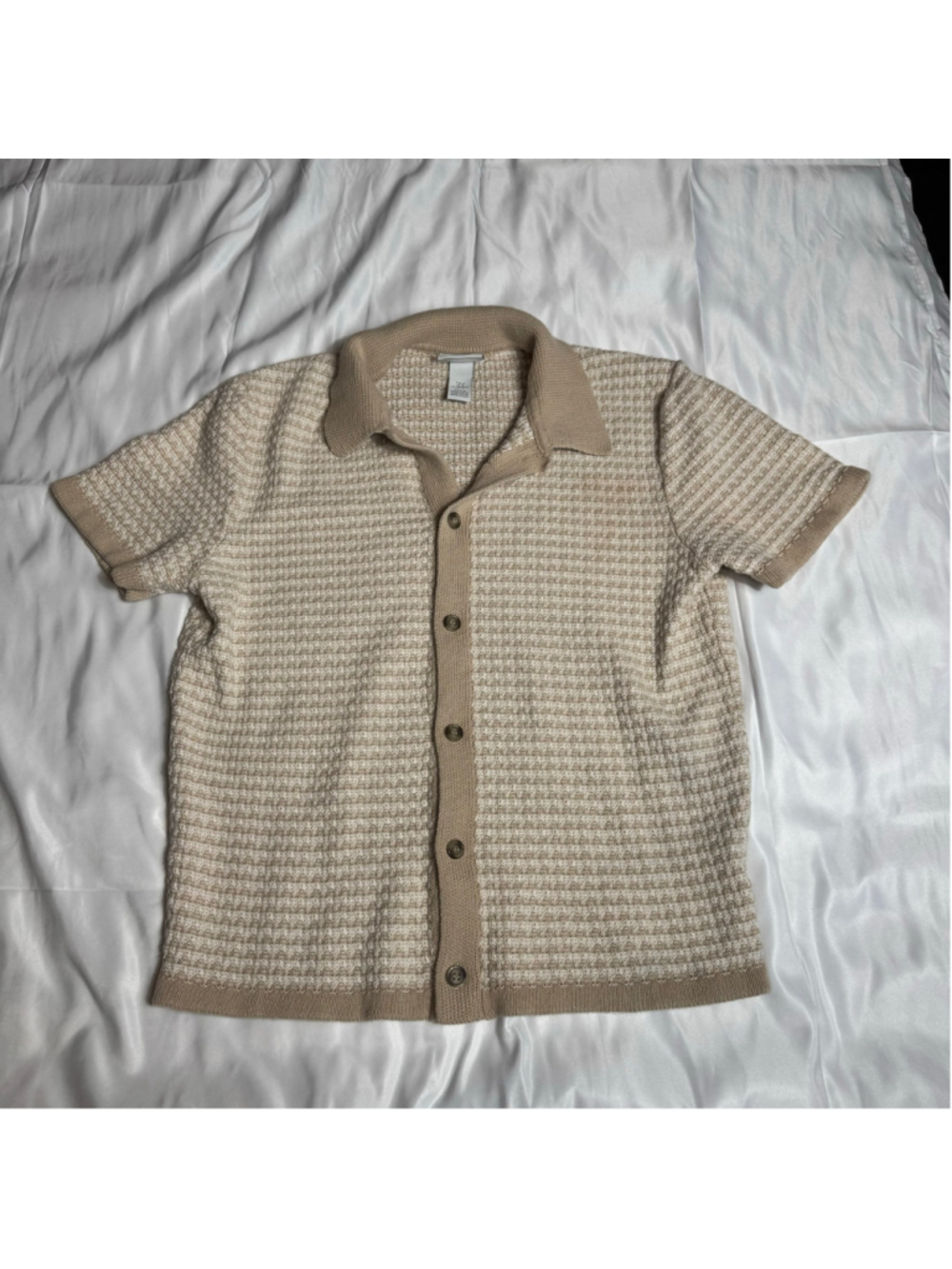 Men's H&M Cardigan M Beige White Knit Short Sleeve